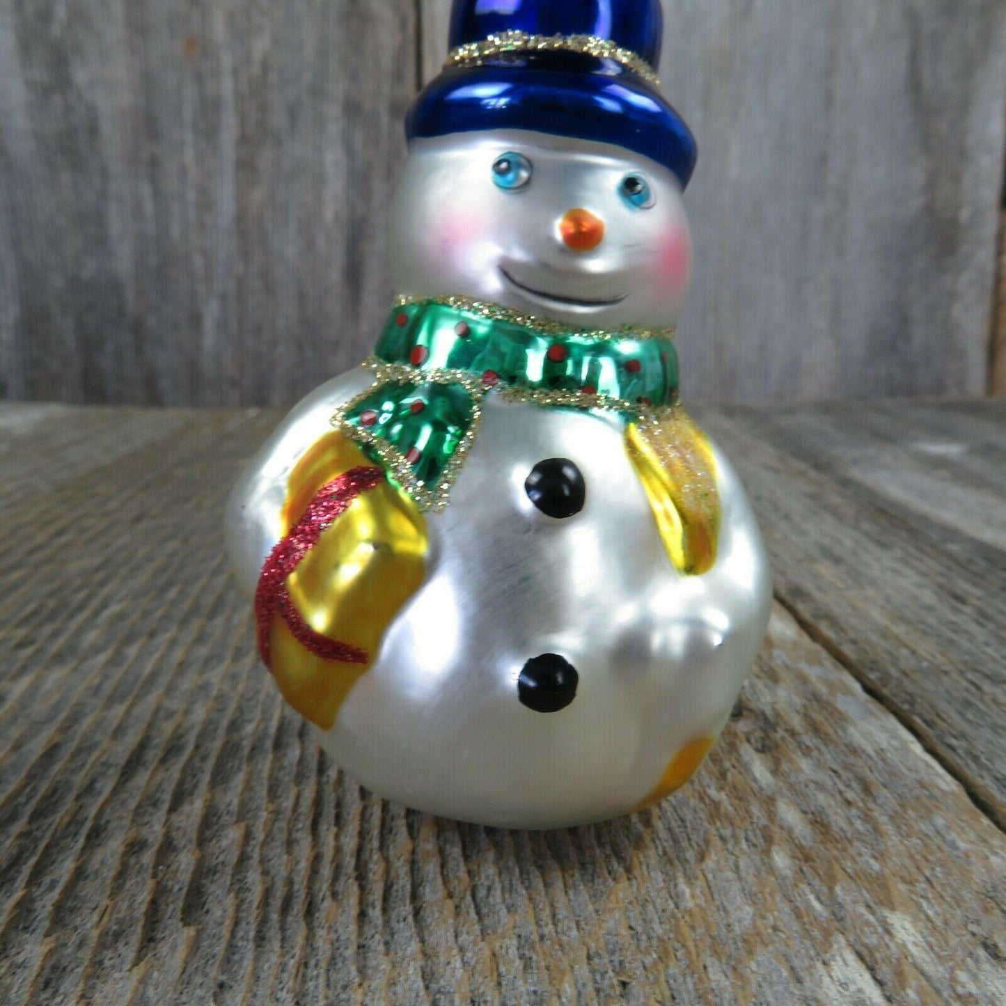 Glass Snowman Blue Hat Christmas Ornament Gift Glitter Scarf White Gold Cap