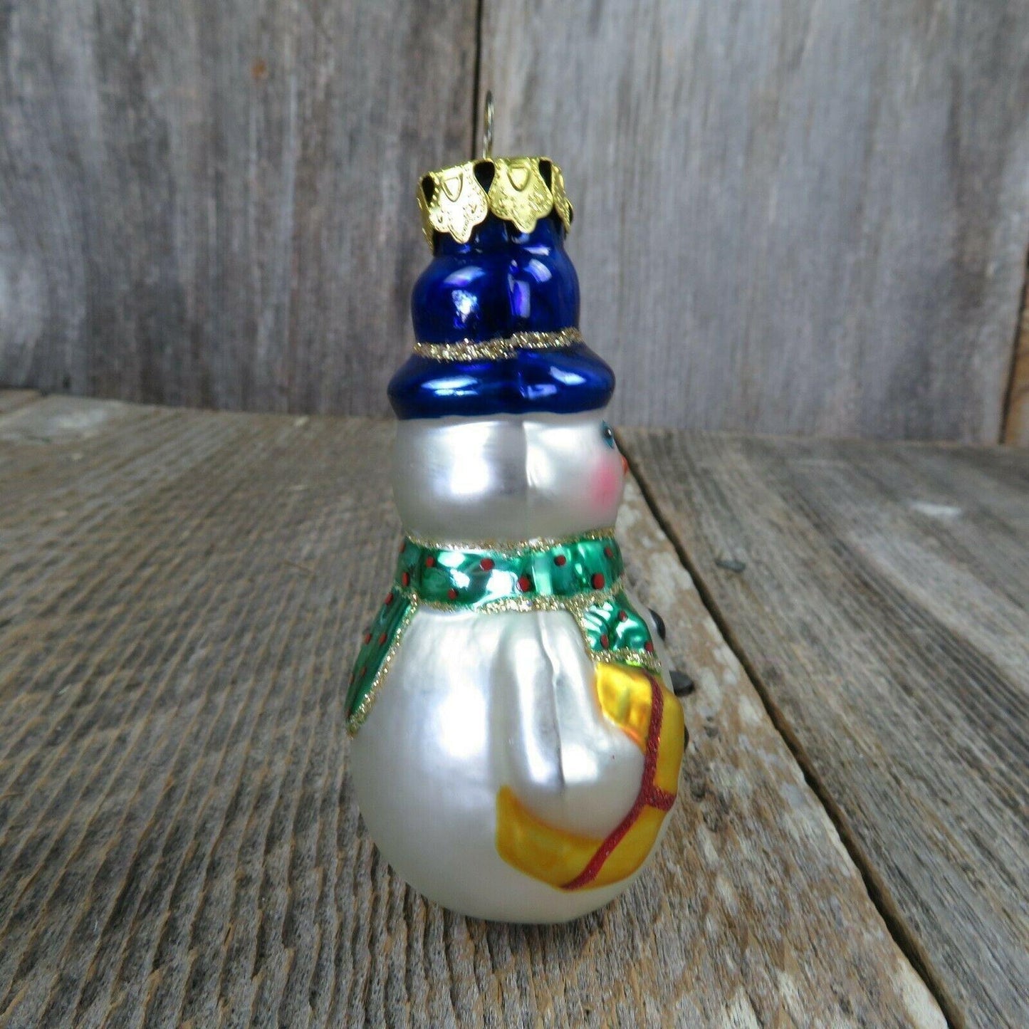 Glass Snowman Blue Hat Christmas Ornament Gift Glitter Scarf White Gold Cap