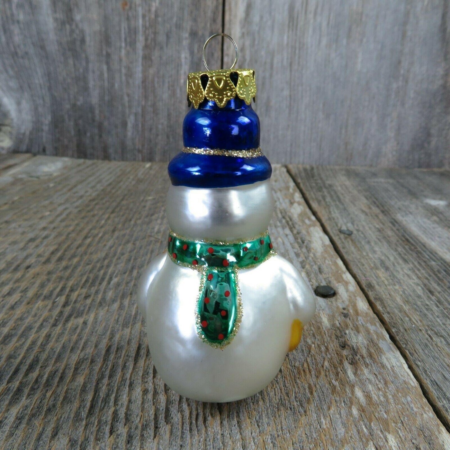 Glass Snowman Blue Hat Christmas Ornament Gift Glitter Scarf White Gold Cap