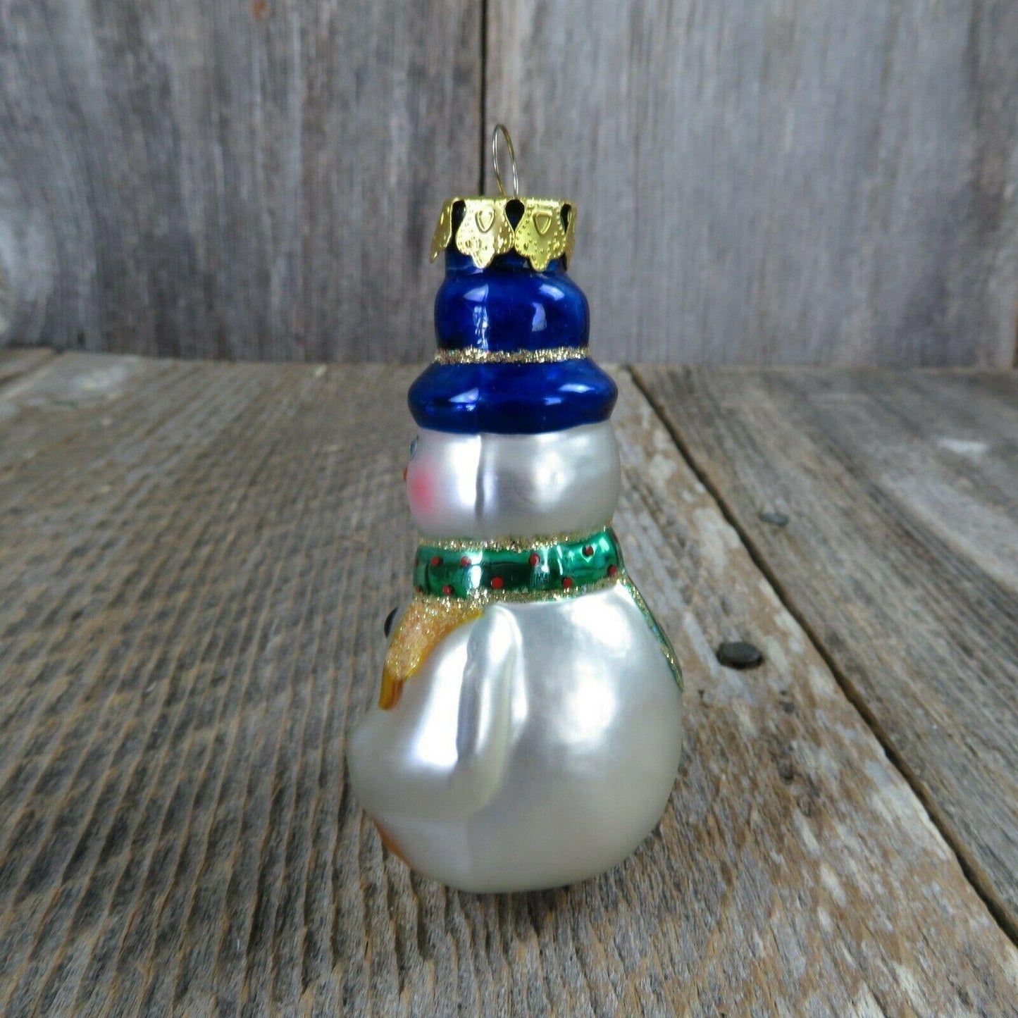 Glass Snowman Blue Hat Christmas Ornament Gift Glitter Scarf White Gold Cap