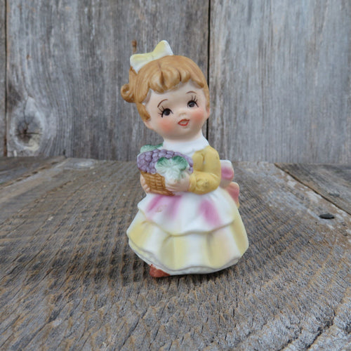 Vintage Girl with Grape Basket Figurine Enesco Red Blond Hair Yellow Dress Pink Apron