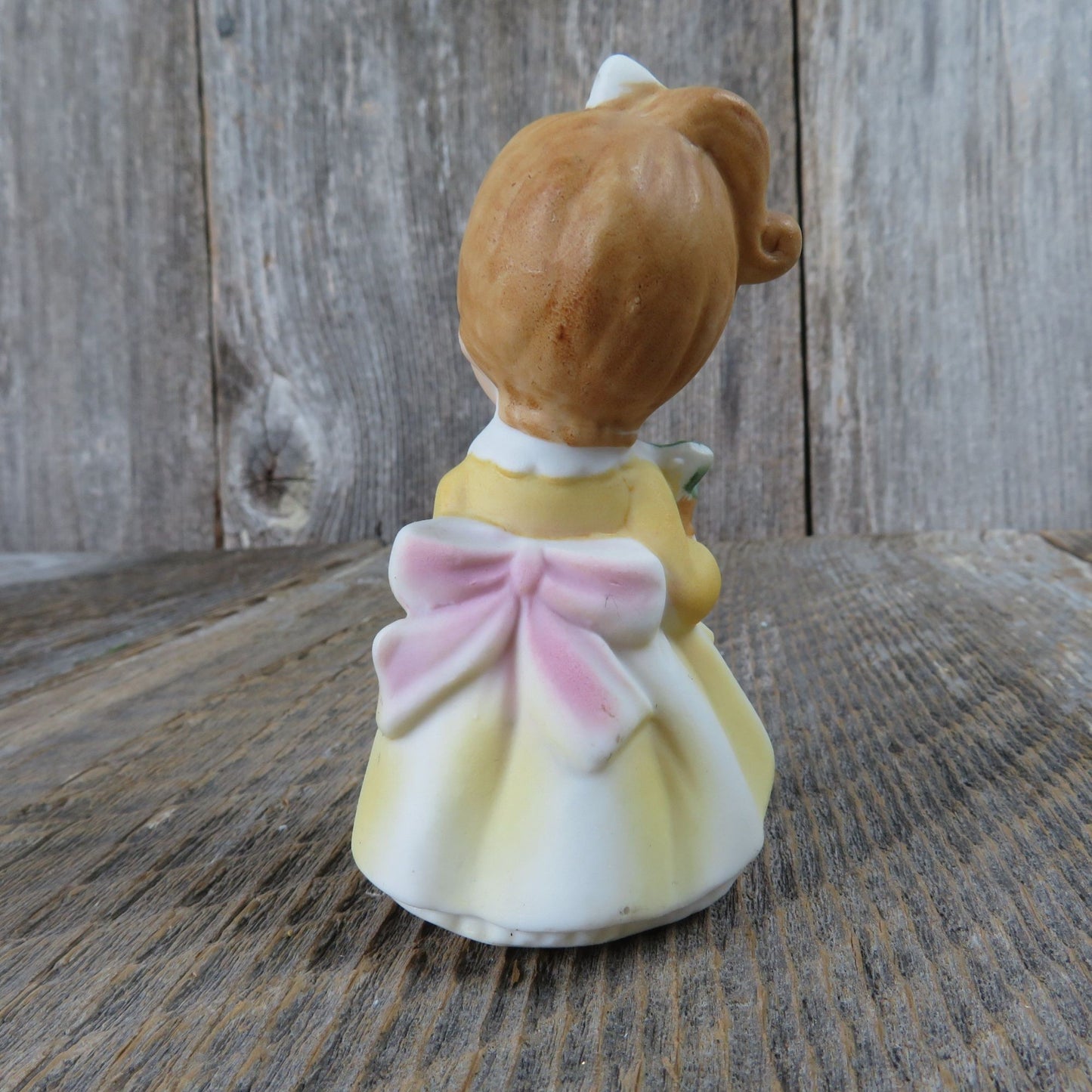 Vintage Girl with Grape Basket Figurine Enesco Red Blond Hair Yellow Dress Pink Apron