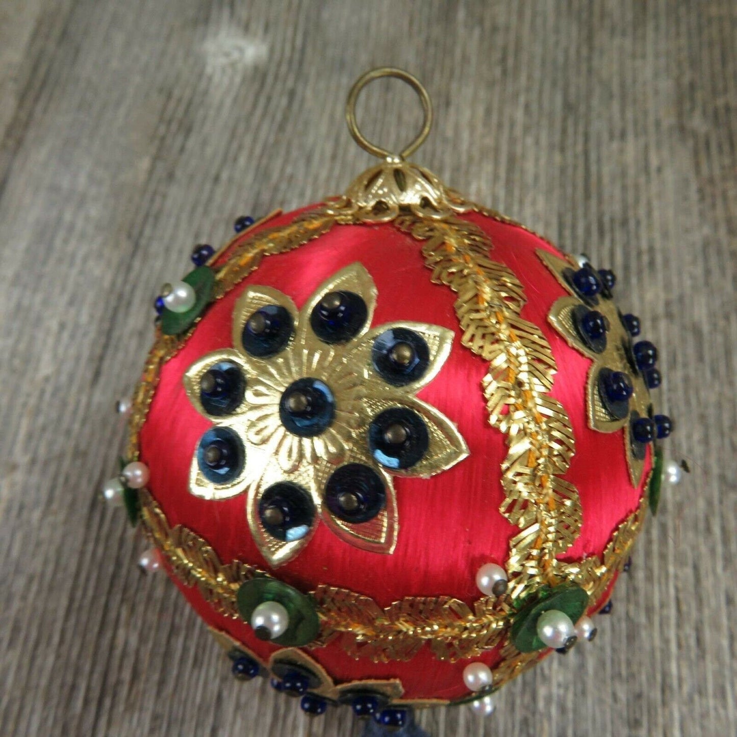 Vintage Beaded Ball Ornament Sequined Satin Handmade Christmas Red Blue Green