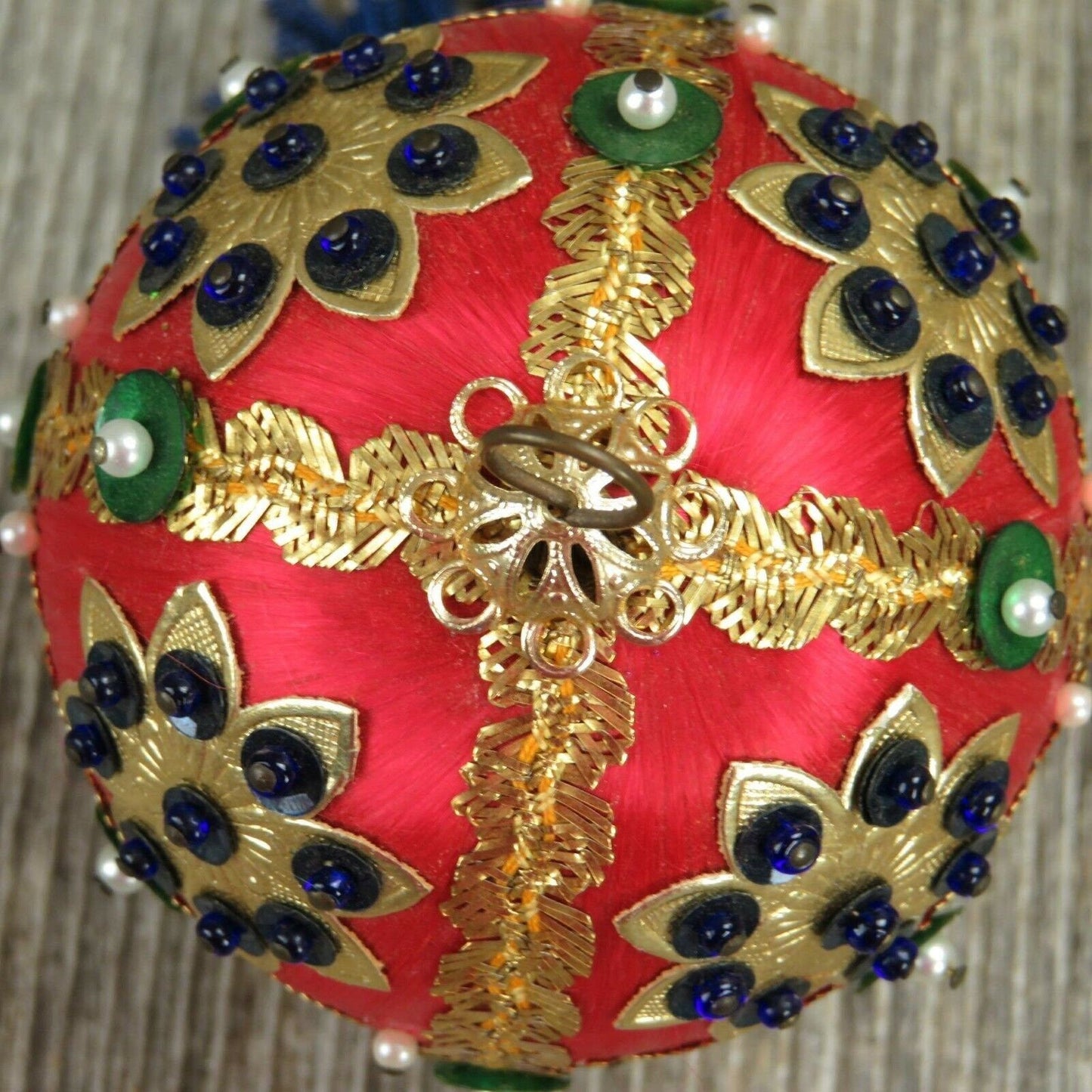 Vintage Beaded Ball Ornament Sequined Satin Handmade Christmas Red Blue Green