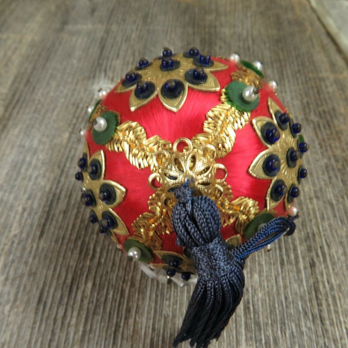 Vintage Beaded Ball Ornament Sequined Satin Handmade Christmas Red Blue Green