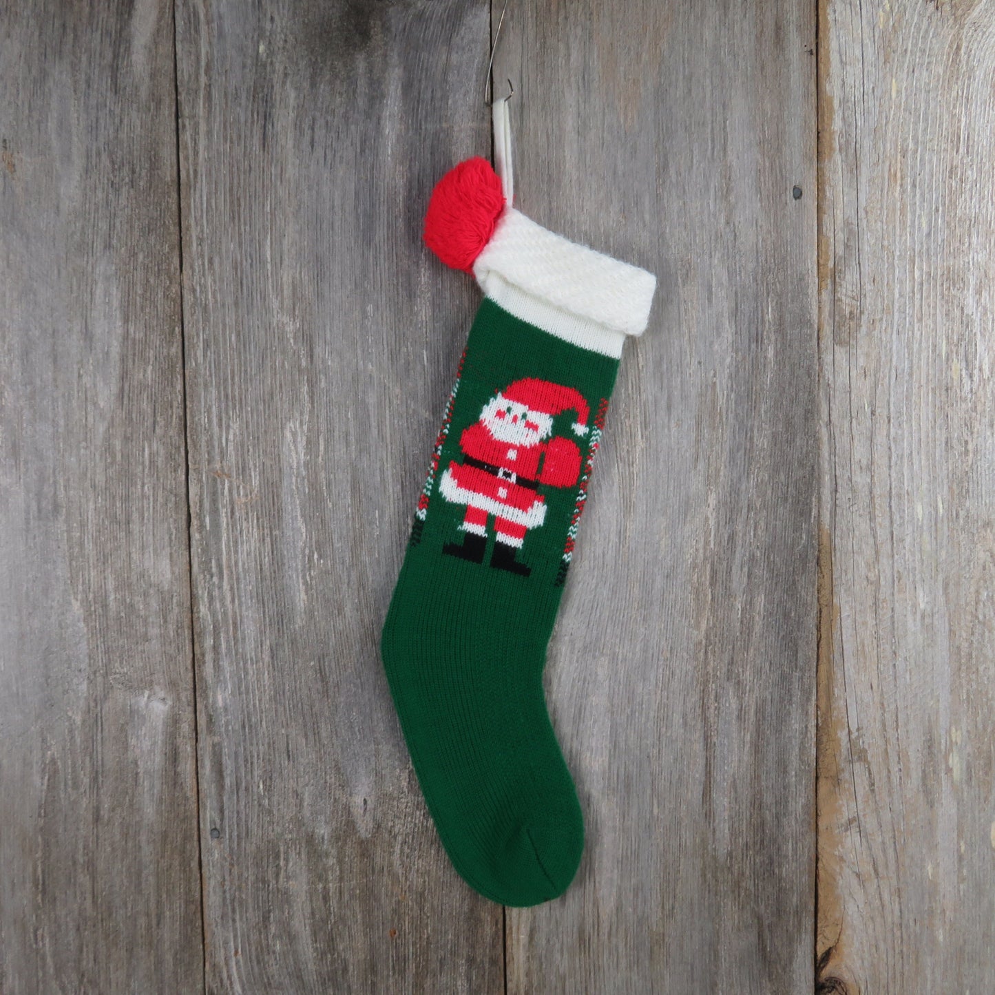Vintage Santa Claus Knit Stocking Christmas Knitted GReen Red White Pom Pom