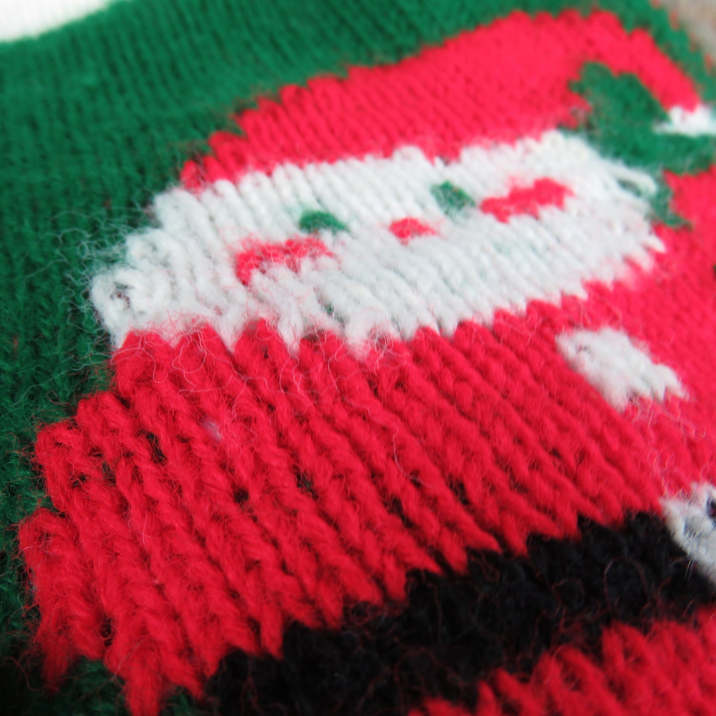 Vintage Santa Claus Knit Stocking Christmas Knitted GReen Red White Pom Pom