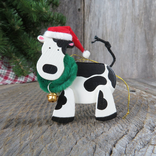 Vintage Cow with Wreath Ornament Wooden Avon Christmas Holstein Black White Red Santa Hat Wood Country Rustic