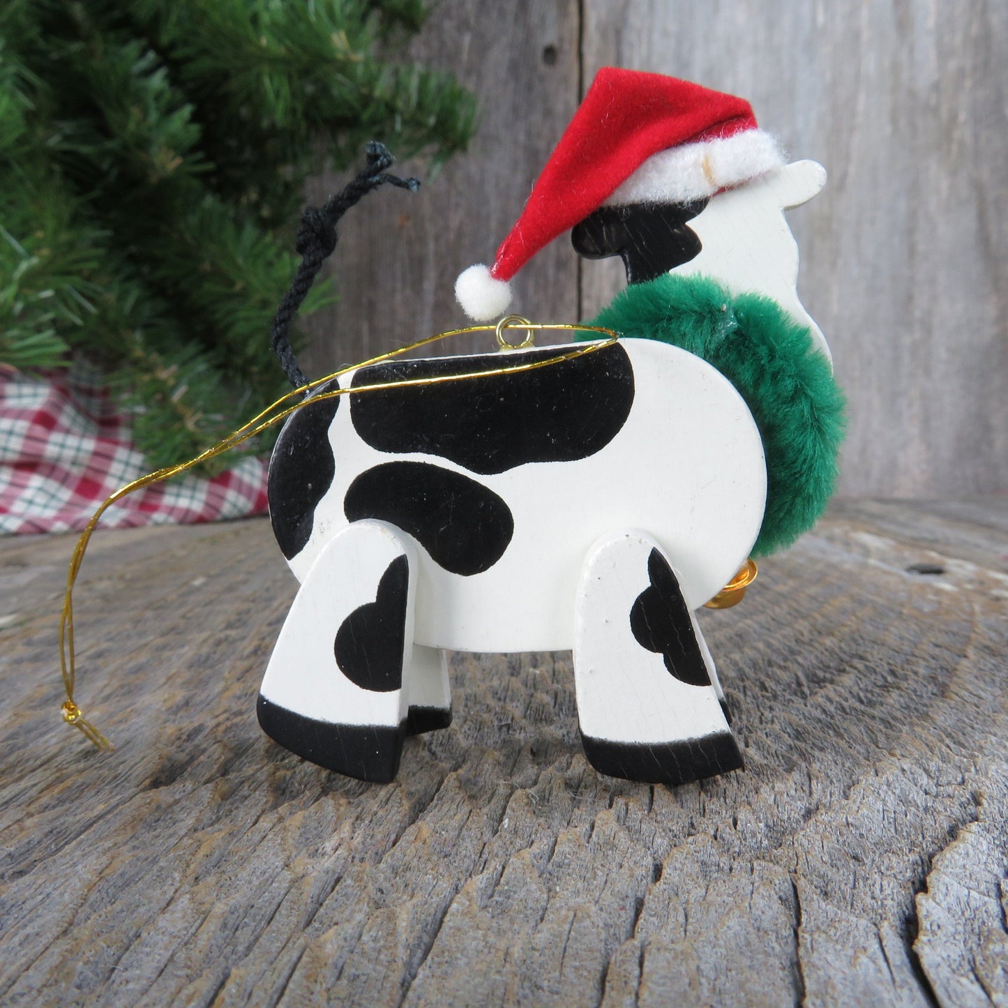 Vintage Cow with Wreath Ornament Wooden Avon Christmas Holstein Black White Red Santa Hat Wood Country Rustic