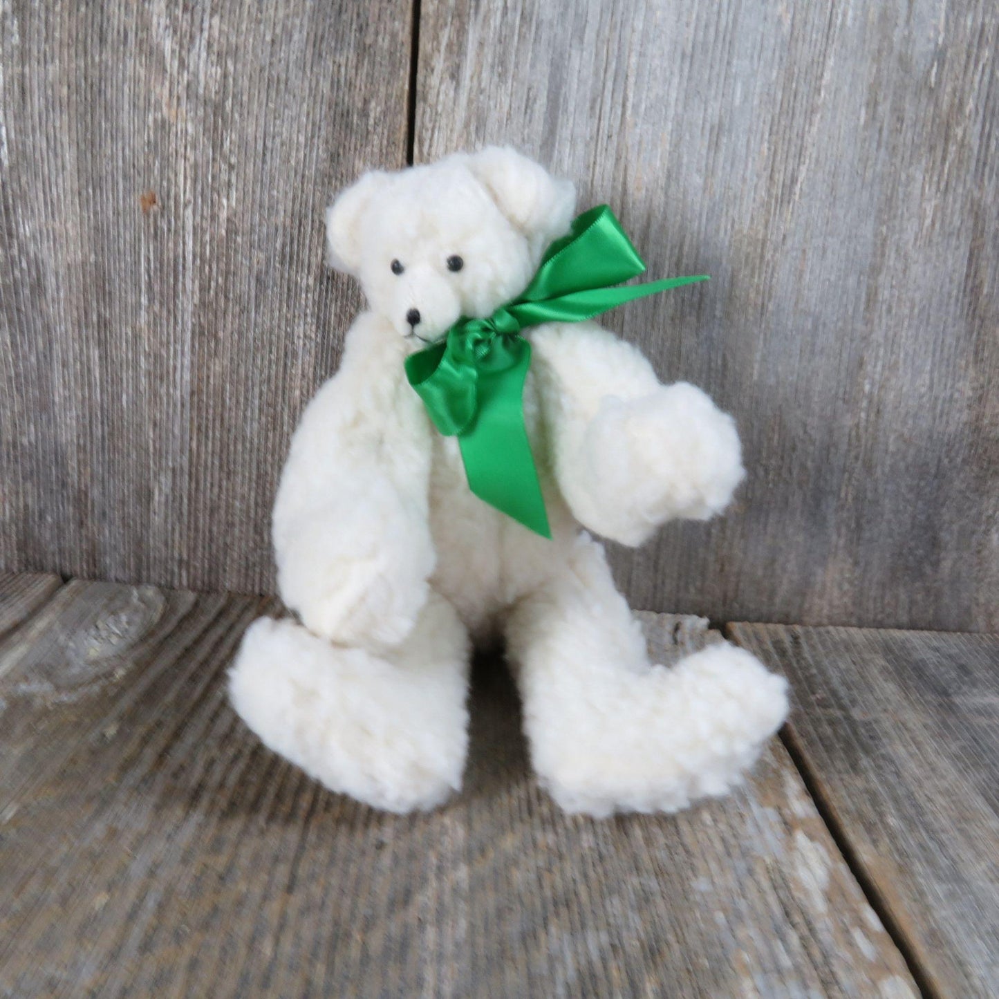 Vintage White Jointed Teddy Bear Plush Sherpa Stuffed Animal Green Ribbon Dustys Dreams 1987