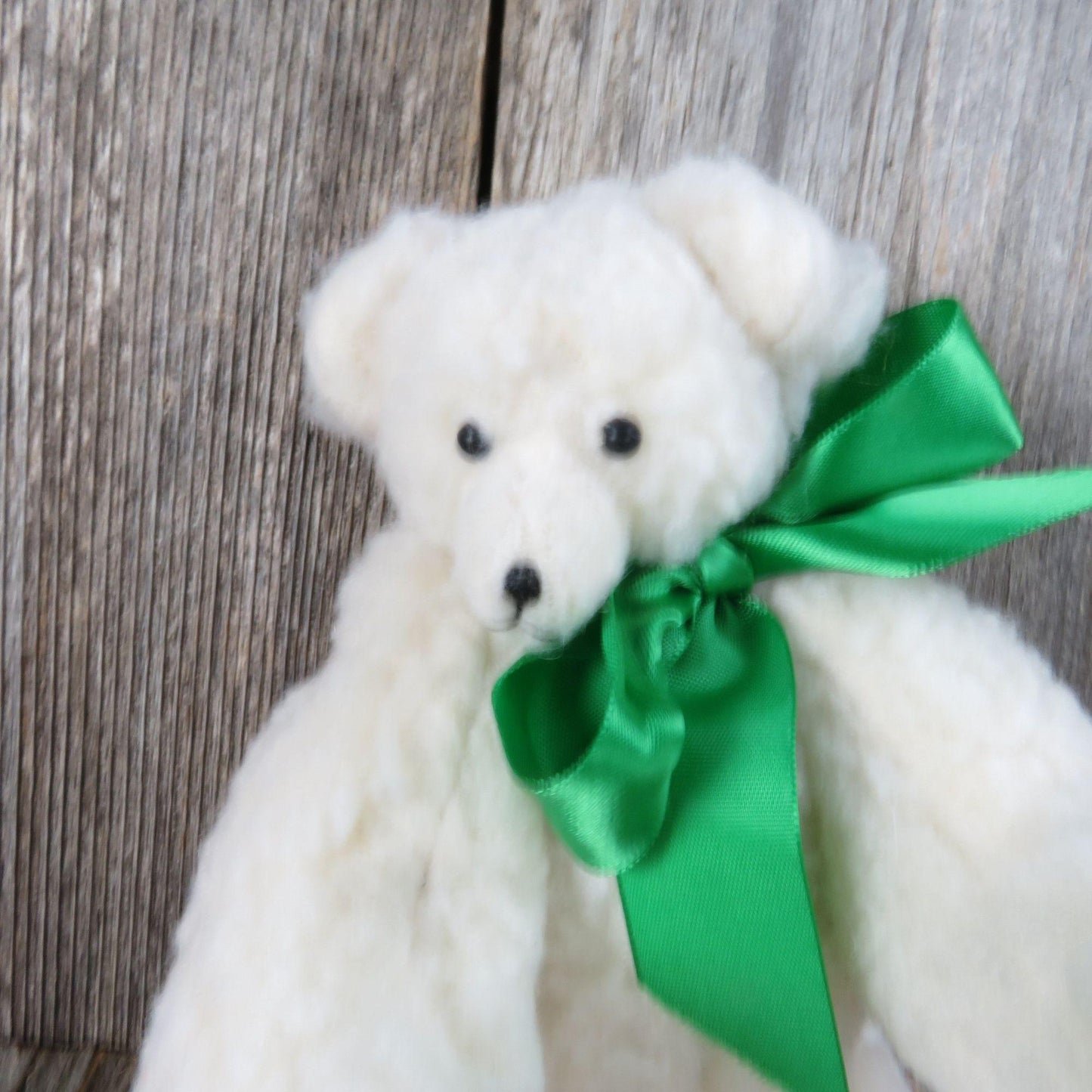 Vintage White Jointed Teddy Bear Plush Sherpa Stuffed Animal Green Ribbon Dustys Dreams 1987