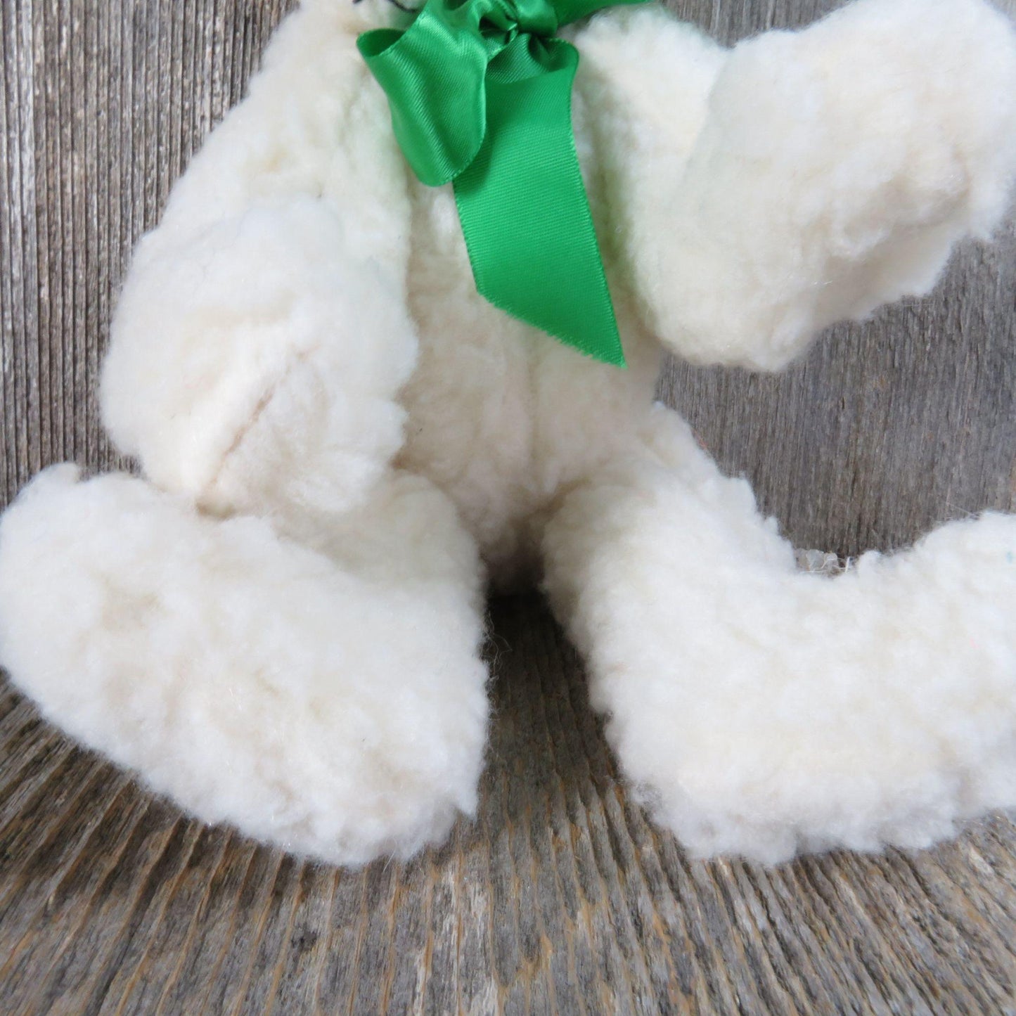 Vintage White Jointed Teddy Bear Plush Sherpa Stuffed Animal Green Ribbon Dustys Dreams 1987