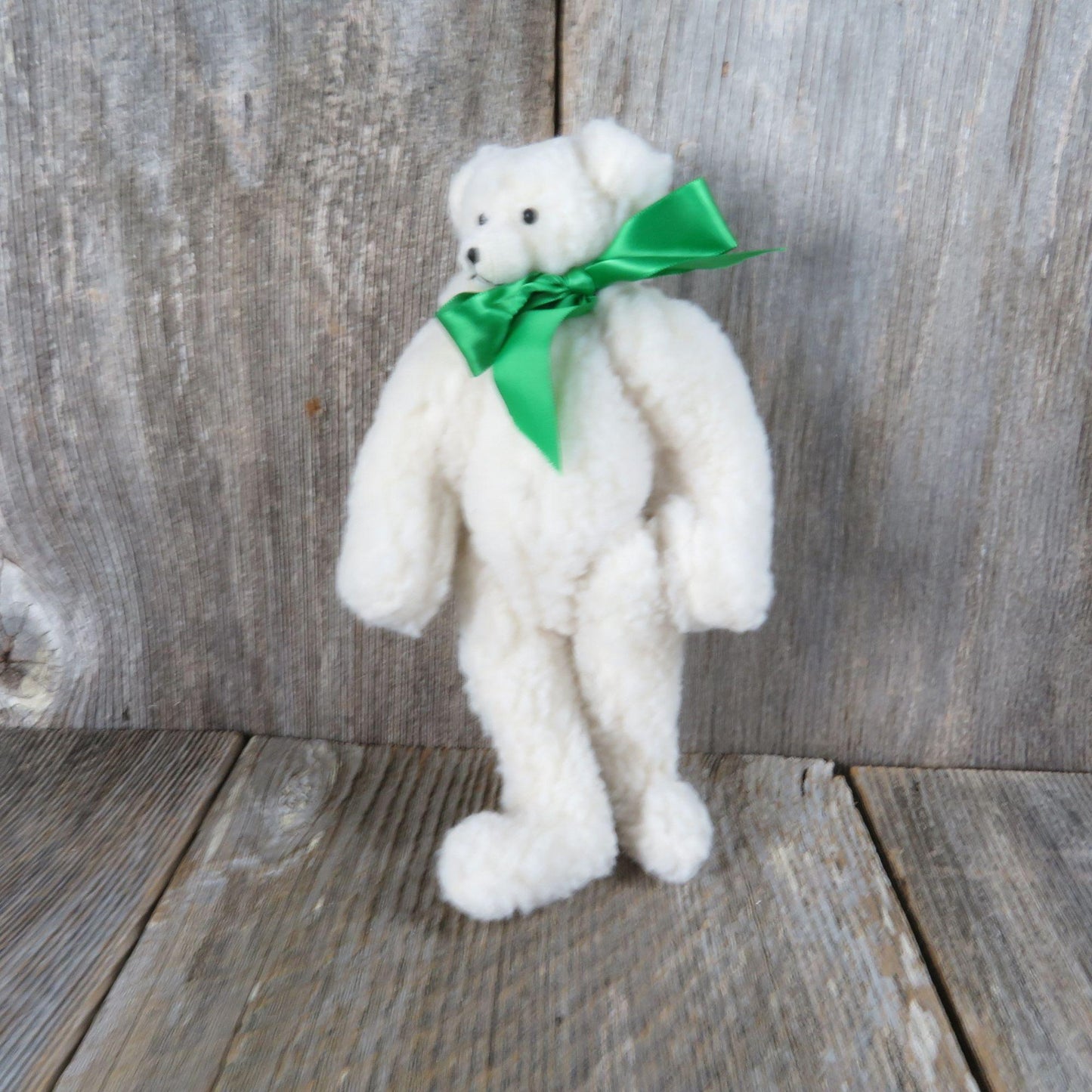 Vintage White Jointed Teddy Bear Plush Sherpa Stuffed Animal Green Ribbon Dustys Dreams 1987