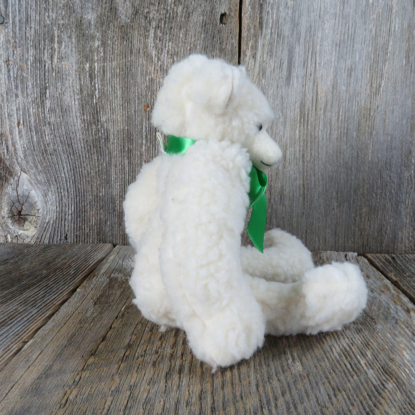 Vintage White Jointed Teddy Bear Plush Sherpa Stuffed Animal Green Ribbon Dustys Dreams 1987