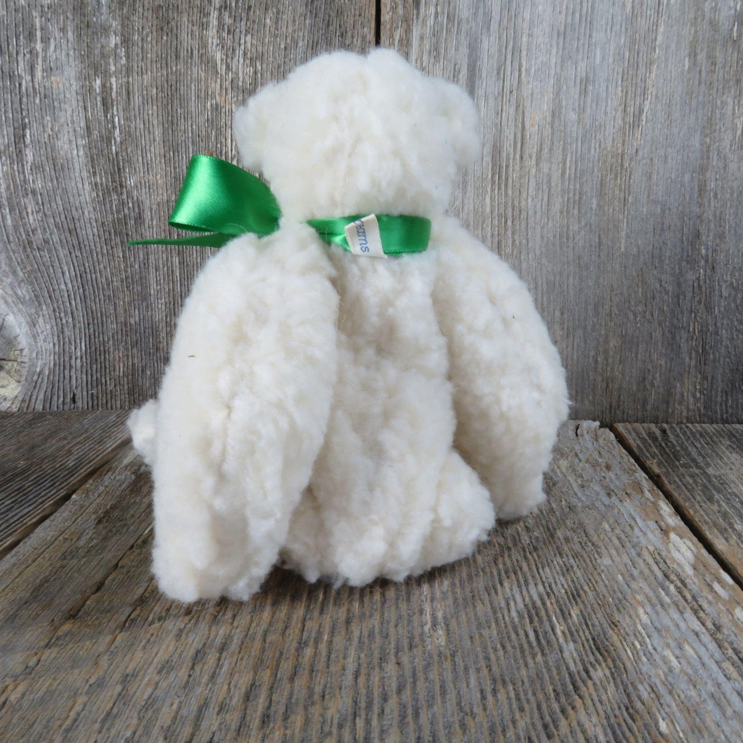 Vintage White Jointed Teddy Bear Plush Sherpa Stuffed Animal Green Ribbon Dustys Dreams 1987