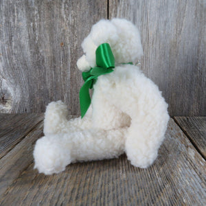 Vintage White Jointed Teddy Bear Plush Sherpa Stuffed Animal Green Ribbon Dustys Dreams 1987