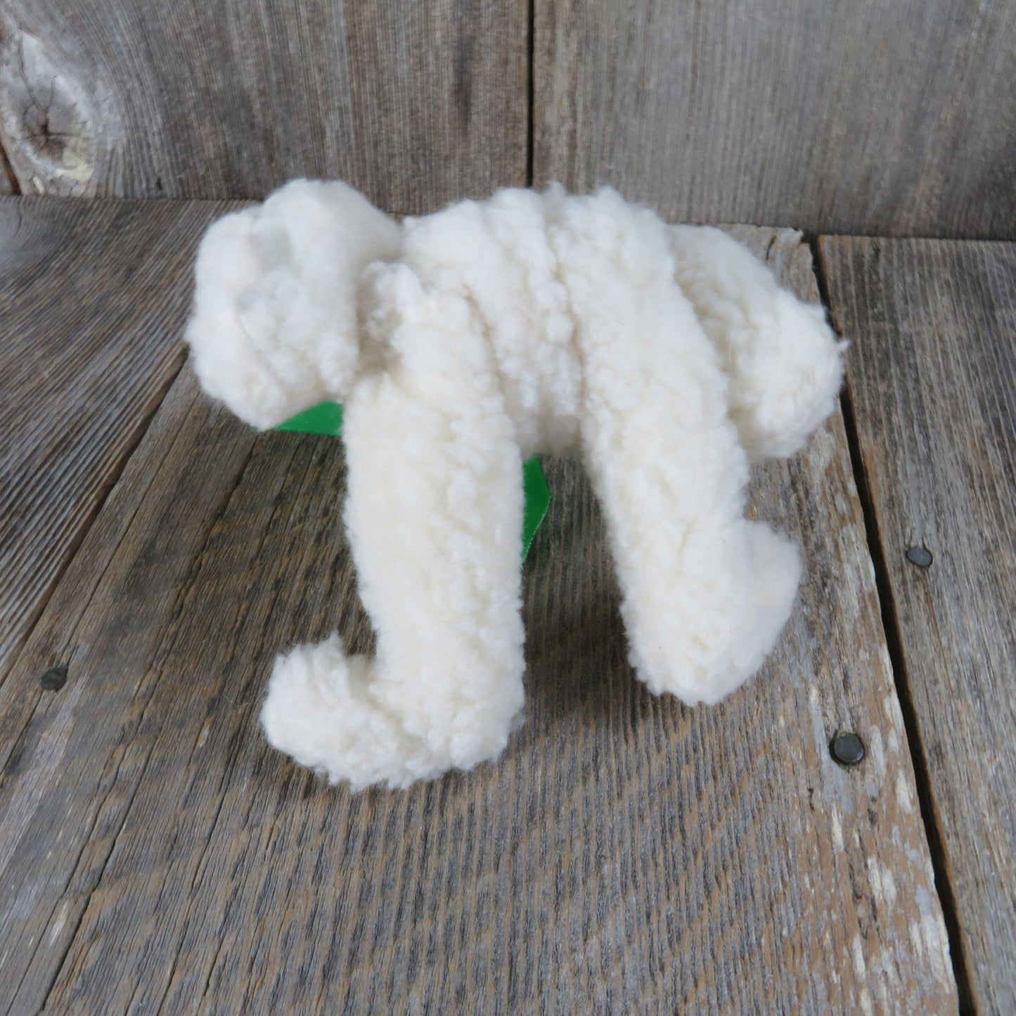 Vintage White Jointed Teddy Bear Plush Sherpa Stuffed Animal Green Ribbon Dustys Dreams 1987