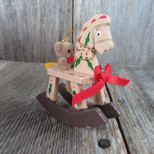 Vintage Wooden  Rocking Horse Ornament Flocked Teddy Bear Toy Pony Brown Tan - At Grandma's Table