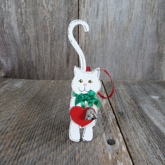 Vintage White Cat Wood Ornament Kurt Adler Wooden Kitten Bell Heart Christmas 1991