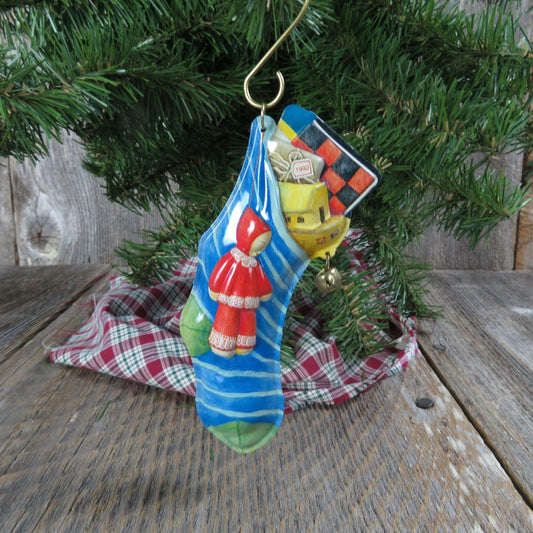 Vintage Pressed Tin Stocking Ornament Stocked with Joy Christmas Hallmark 1992