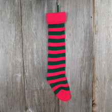 Load image into Gallery viewer, Vintage Knit Striped Christmas Stocking Red Green Stripes Knitted 1980s