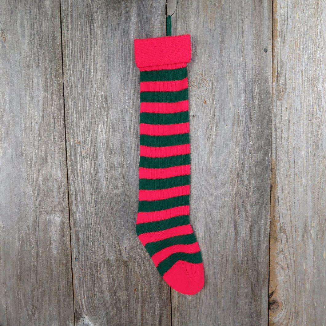 Vintage Knit Striped Christmas Stocking Red Green Stripes Knitted 1980s