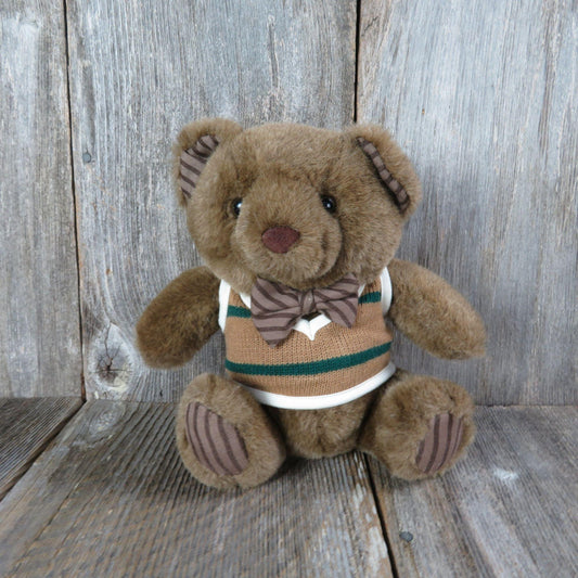 Vintage Teddy Bear Plush Oxford Sweater Bow Tie Striped Ears Paws Brown Russ Stuffed Animal Korea