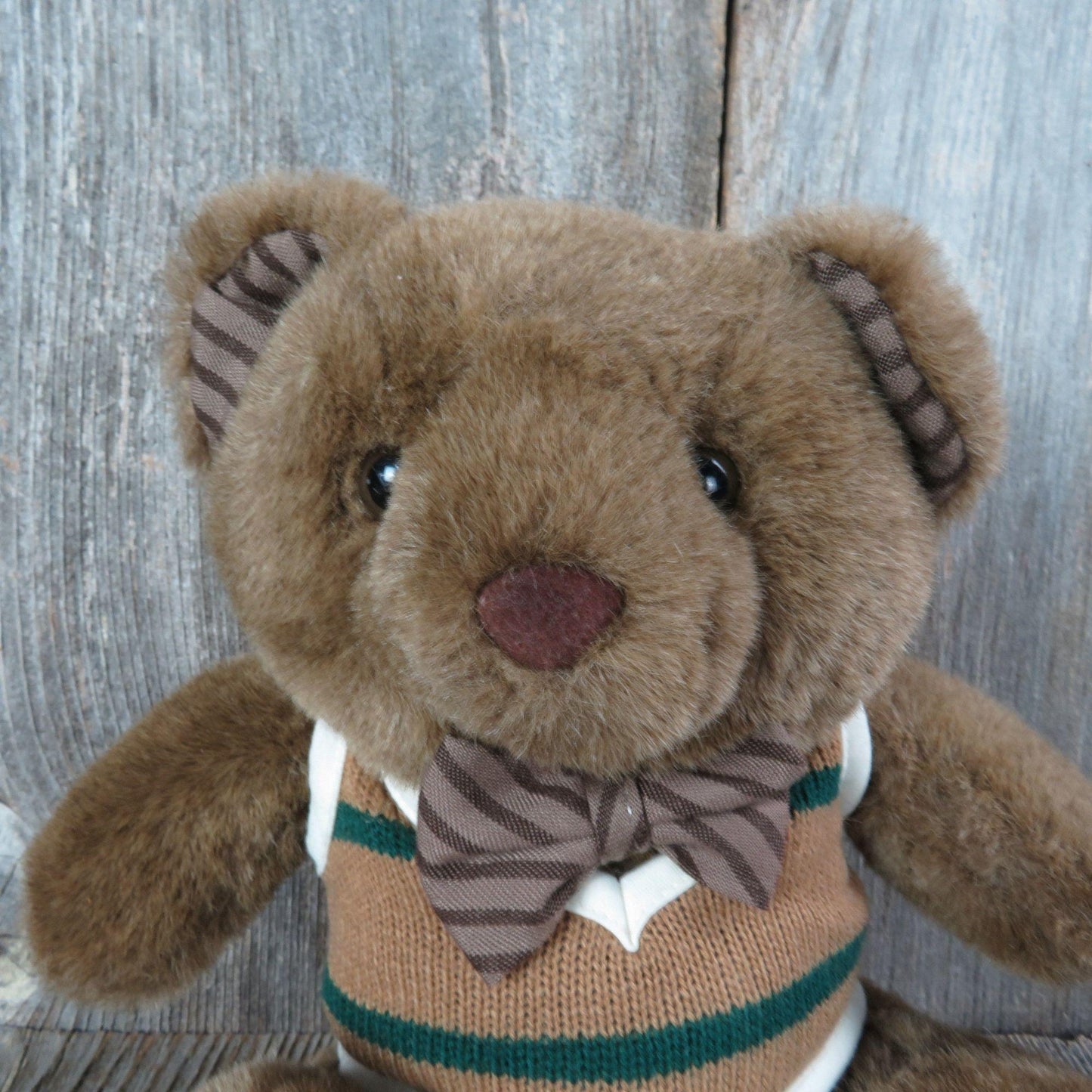 Vintage Teddy Bear Plush Oxford Sweater Bow Tie Striped Ears Paws Brown Russ Stuffed Animal Korea