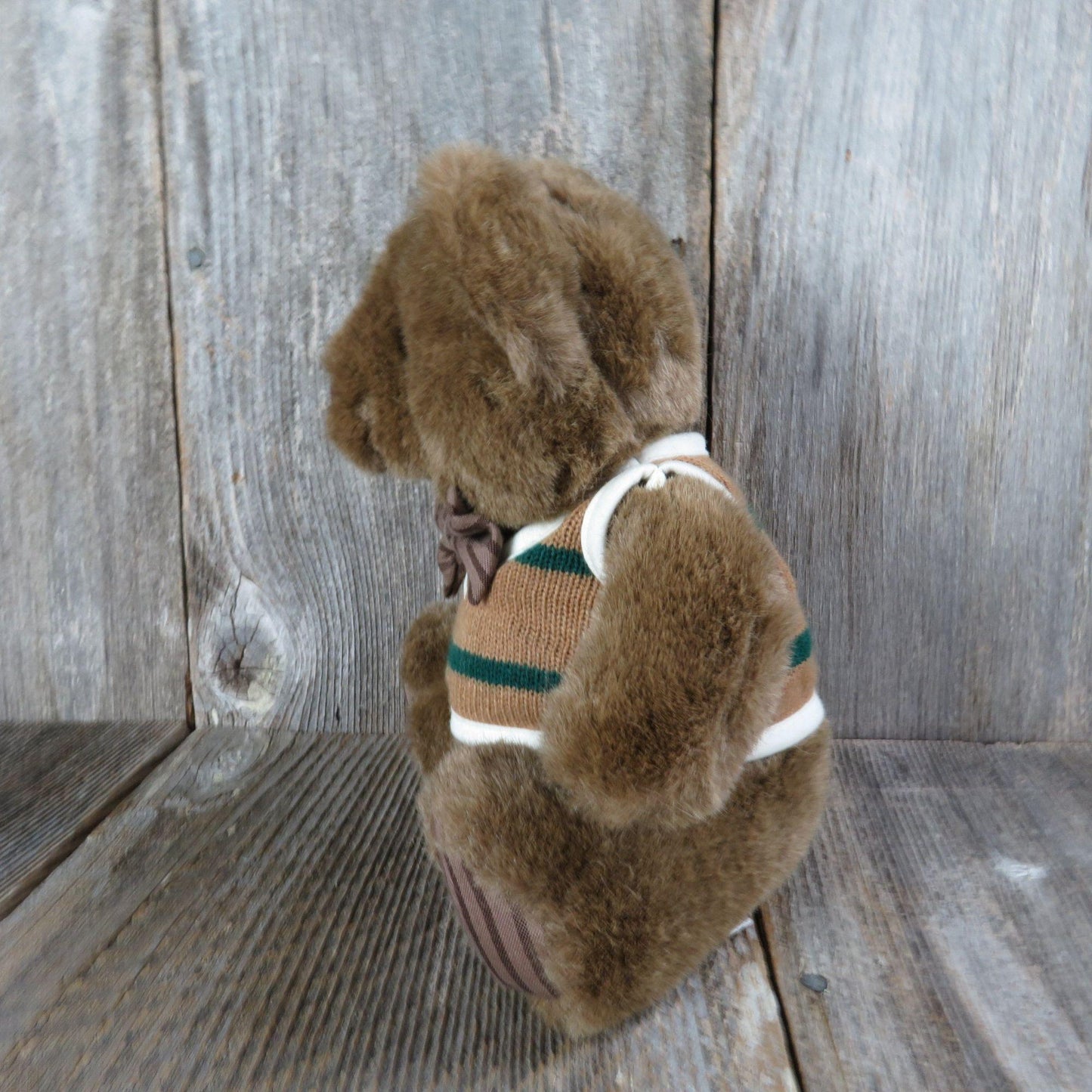 Vintage Teddy Bear Plush Oxford Sweater Bow Tie Striped Ears Paws Brown Russ Stuffed Animal Korea