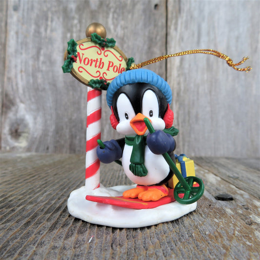 Vintage Penguin Skiing Ornament North Pole Christmas Blue Hat Present Westmar 1995