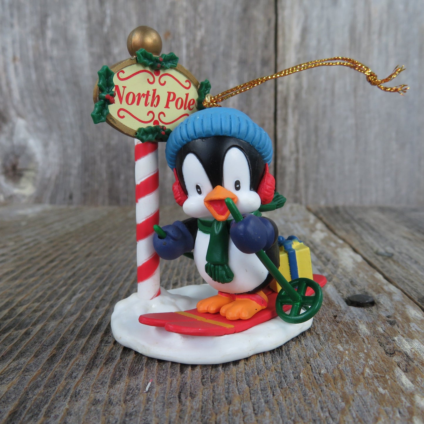 Vintage Penguin Skiing Ornament North Pole Christmas Blue Hat Present Westmar 1995