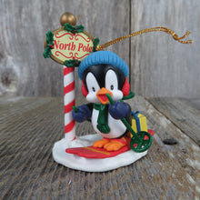 Load image into Gallery viewer, Vintage Penguin Skiing Ornament North Pole Christmas Blue Hat Present Westmar 1995
