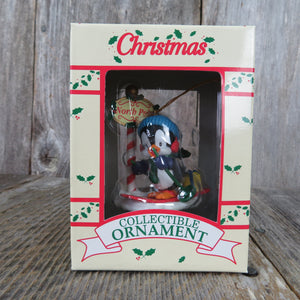 Vintage Penguin Skiing Ornament North Pole Christmas Blue Hat Present Westmar 1995