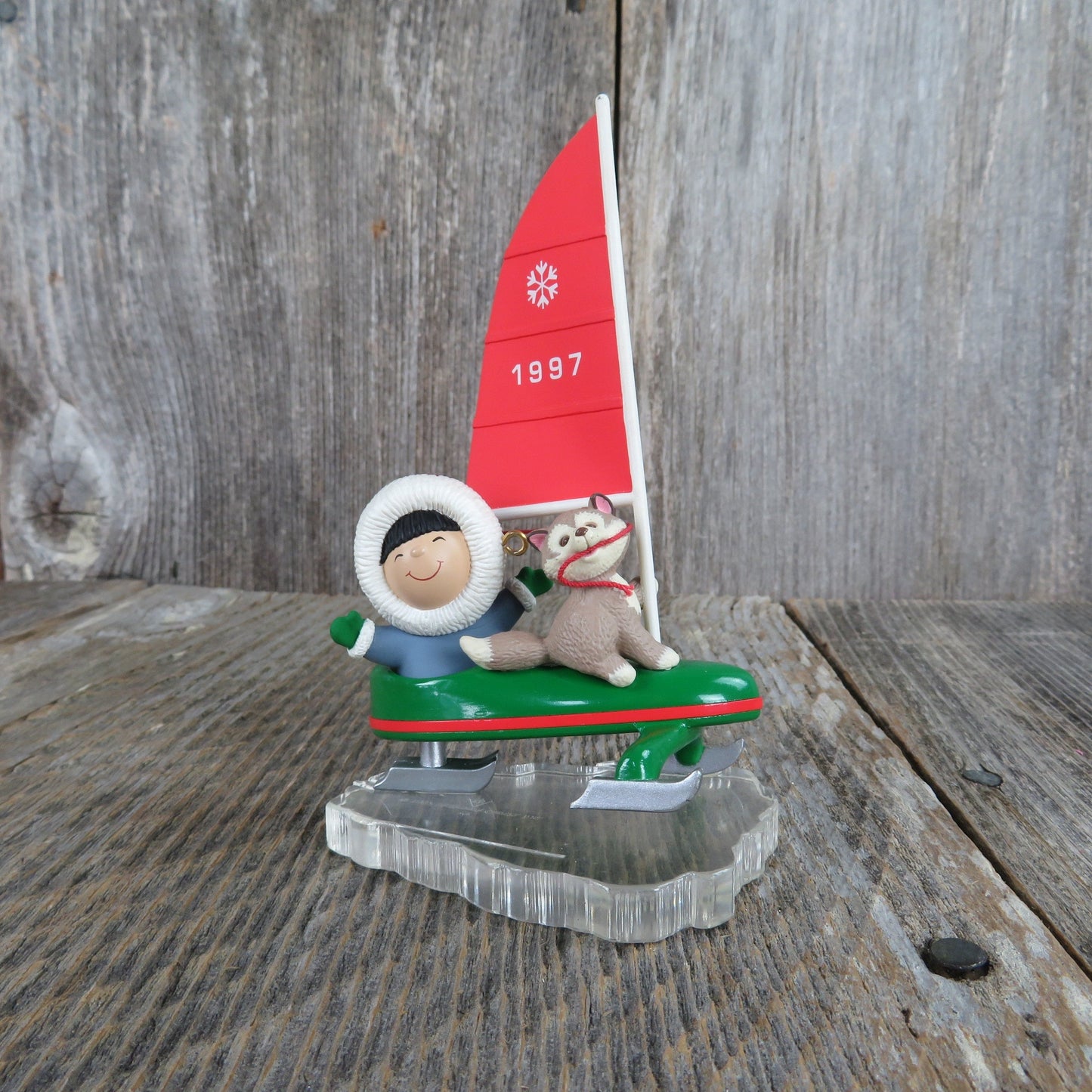 Vintage Iceboat Frosty Friends Ornament Wolf Husky Eskimo Hallmark Sailboat Ice Sailing Christmas 1997