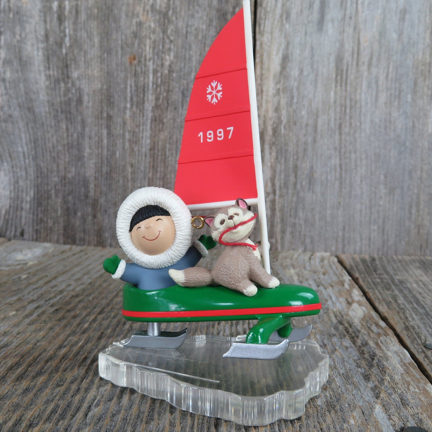 Vintage Iceboat Frosty Friends Ornament Wolf Husky Eskimo Hallmark Sailboat Ice Sailing Christmas 1997