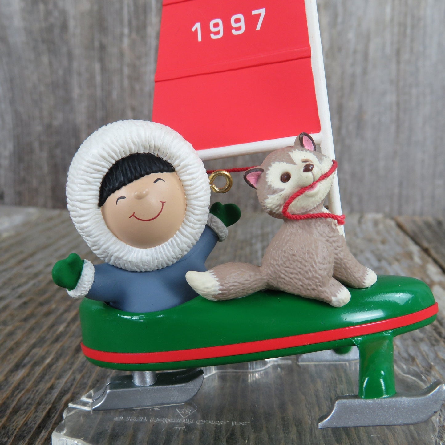 Vintage Iceboat Frosty Friends Ornament Wolf Husky Eskimo Hallmark Sailboat Ice Sailing Christmas 1997