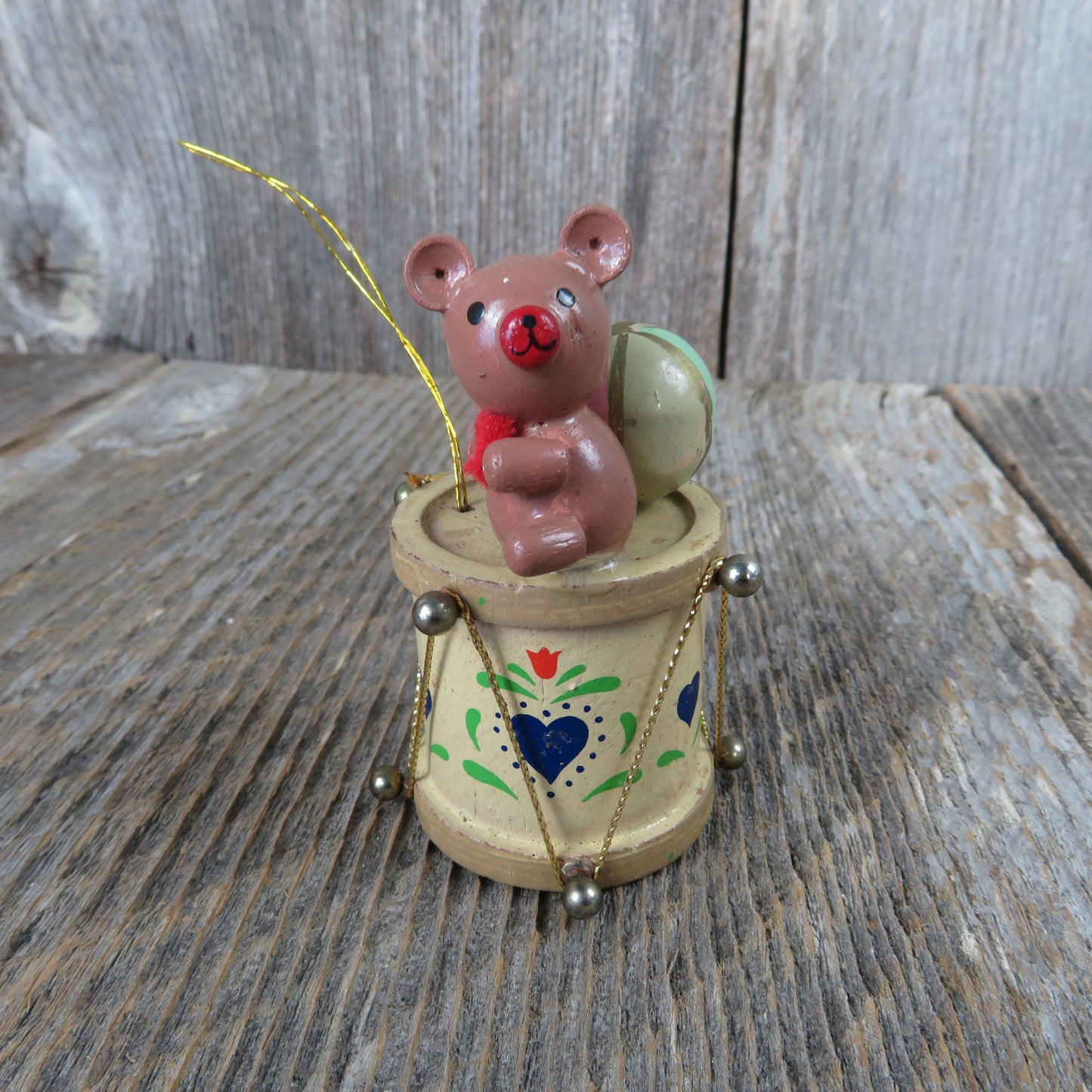 Vintage Teddy Bear and Ball on Drum Wooden Ornament Pink Green Blue Hearts Christmas Wood