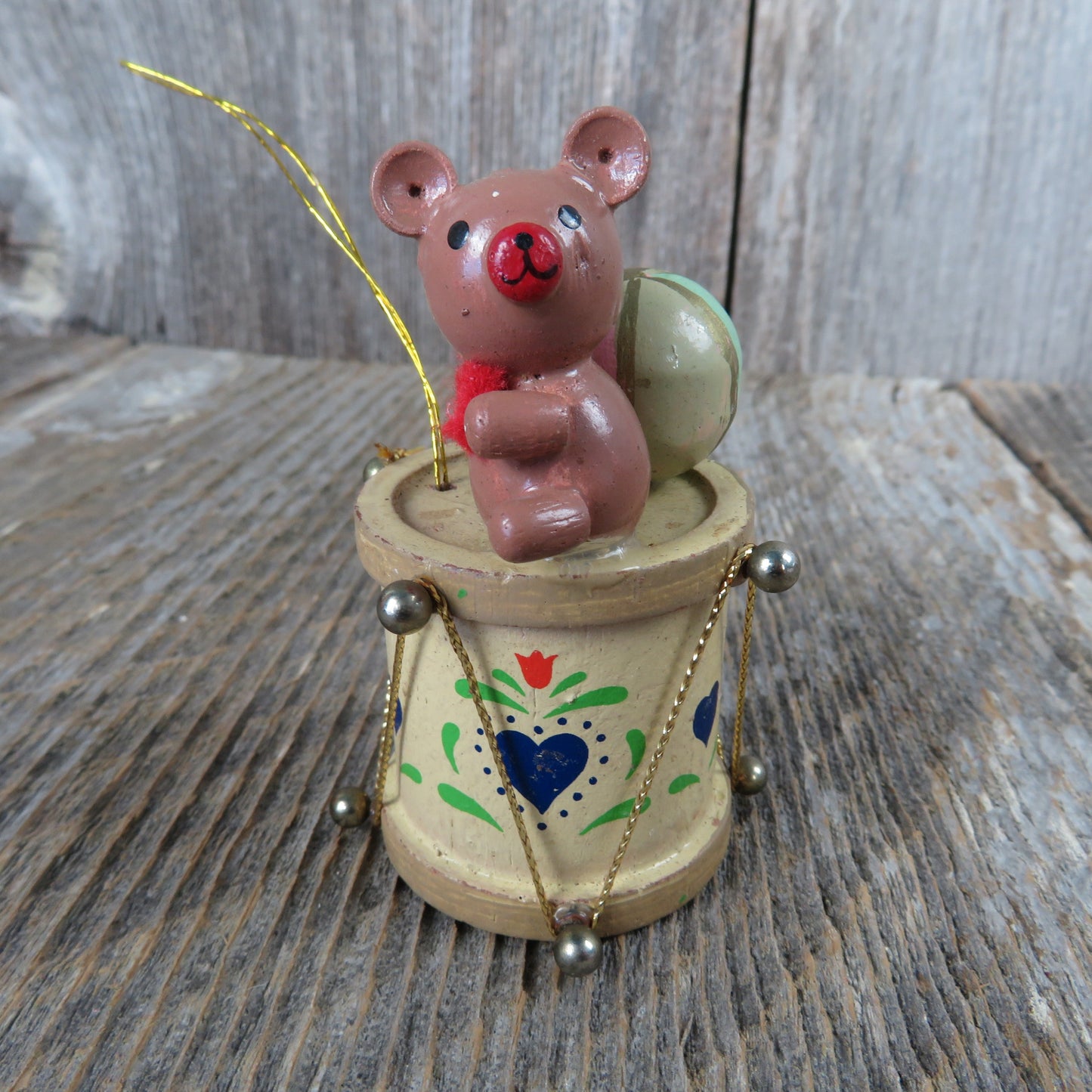 Vintage Teddy Bear and Ball on Drum Wooden Ornament Pink Green Blue Hearts Christmas Wood