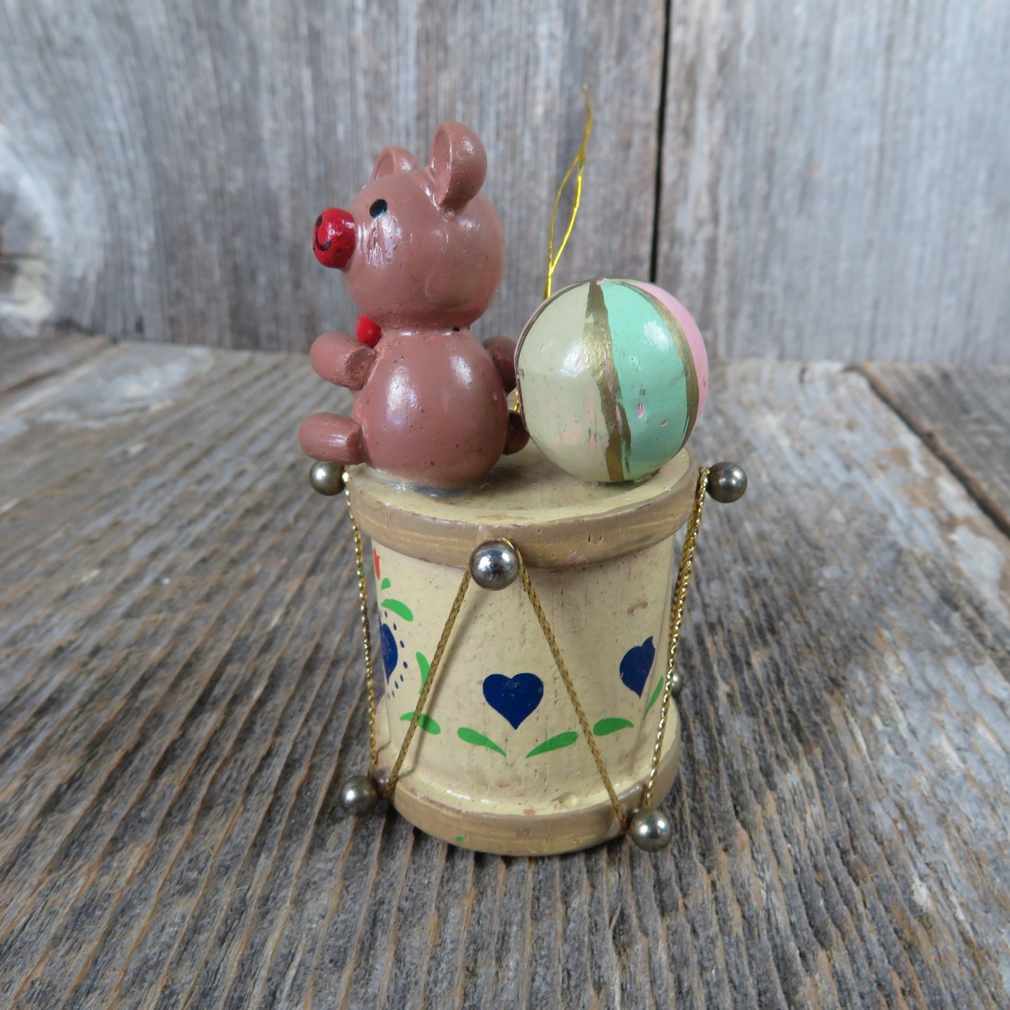 Vintage Teddy Bear and Ball on Drum Wooden Ornament Pink Green Blue Hearts Christmas Wood