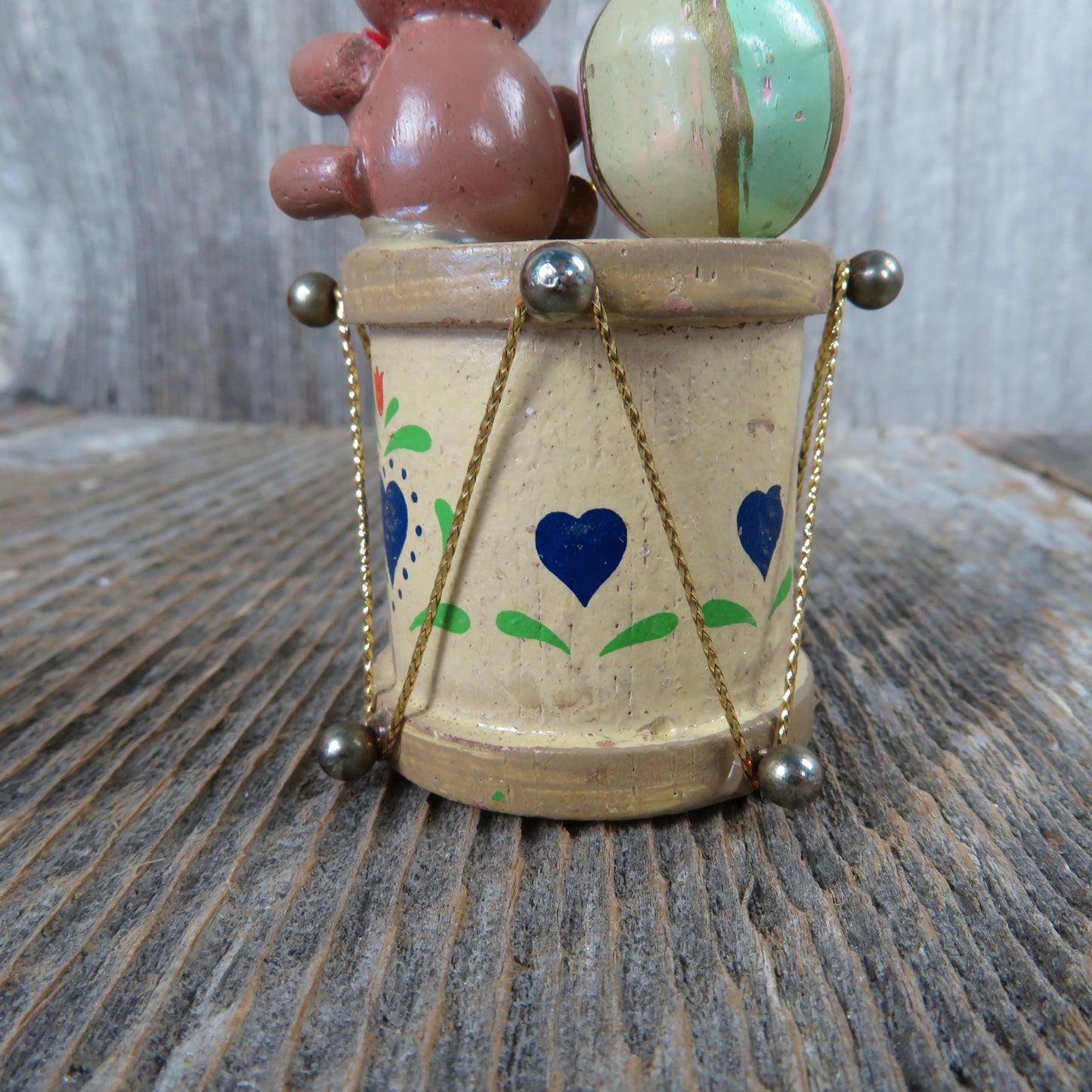 Vintage Teddy Bear and Ball on Drum Wooden Ornament Pink Green Blue Hearts Christmas Wood