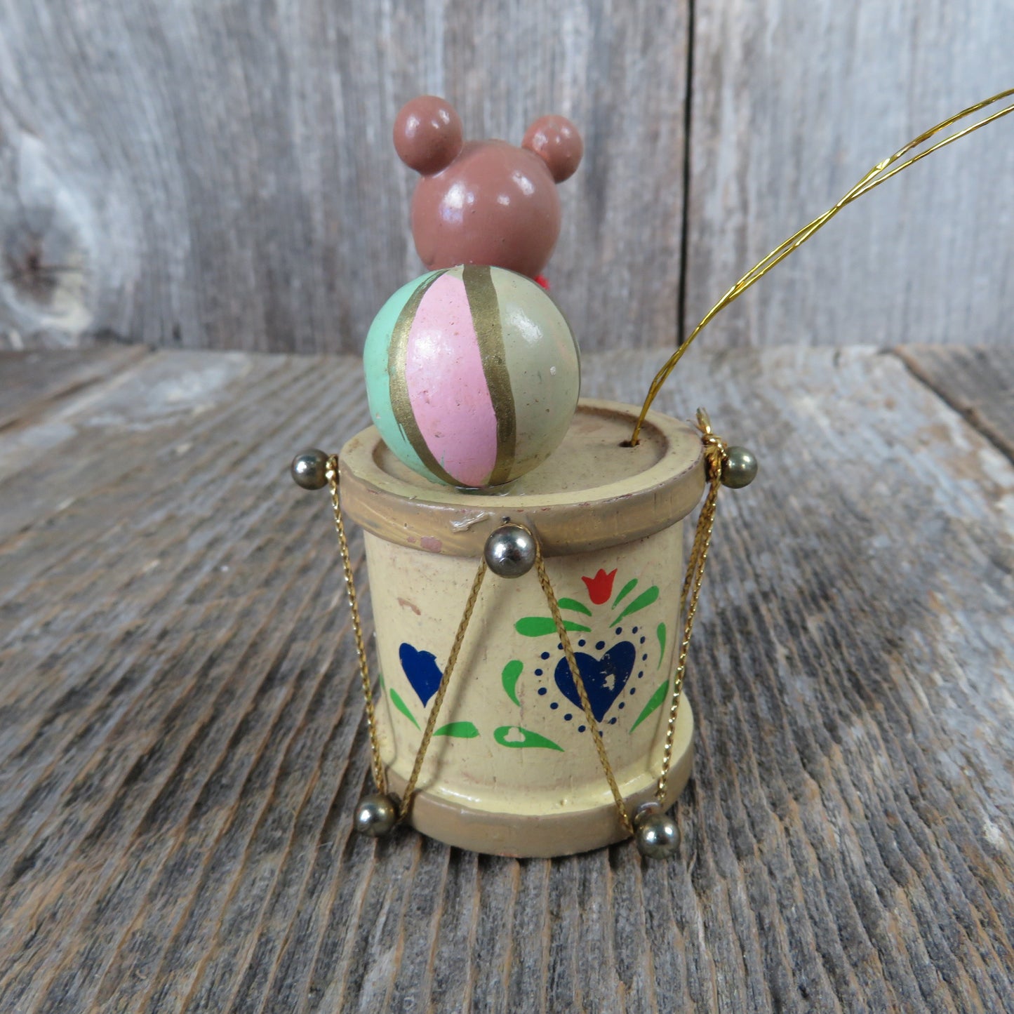 Vintage Teddy Bear and Ball on Drum Wooden Ornament Pink Green Blue Hearts Christmas Wood