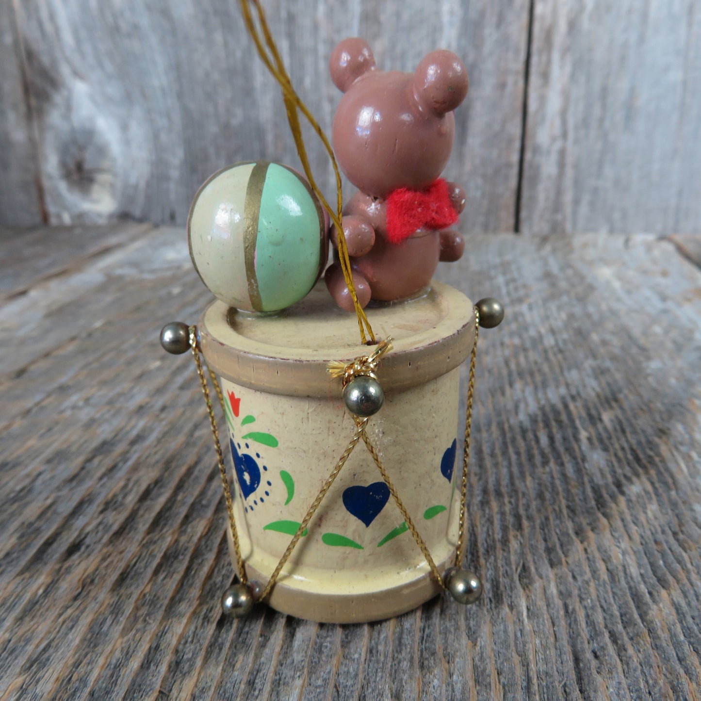 Vintage Teddy Bear and Ball on Drum Wooden Ornament Pink Green Blue Hearts Christmas Wood