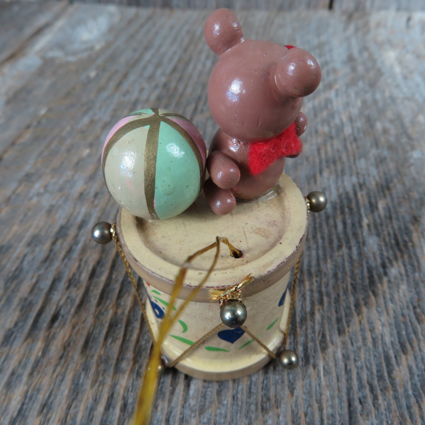 Vintage Teddy Bear and Ball on Drum Wooden Ornament Pink Green Blue Hearts Christmas Wood