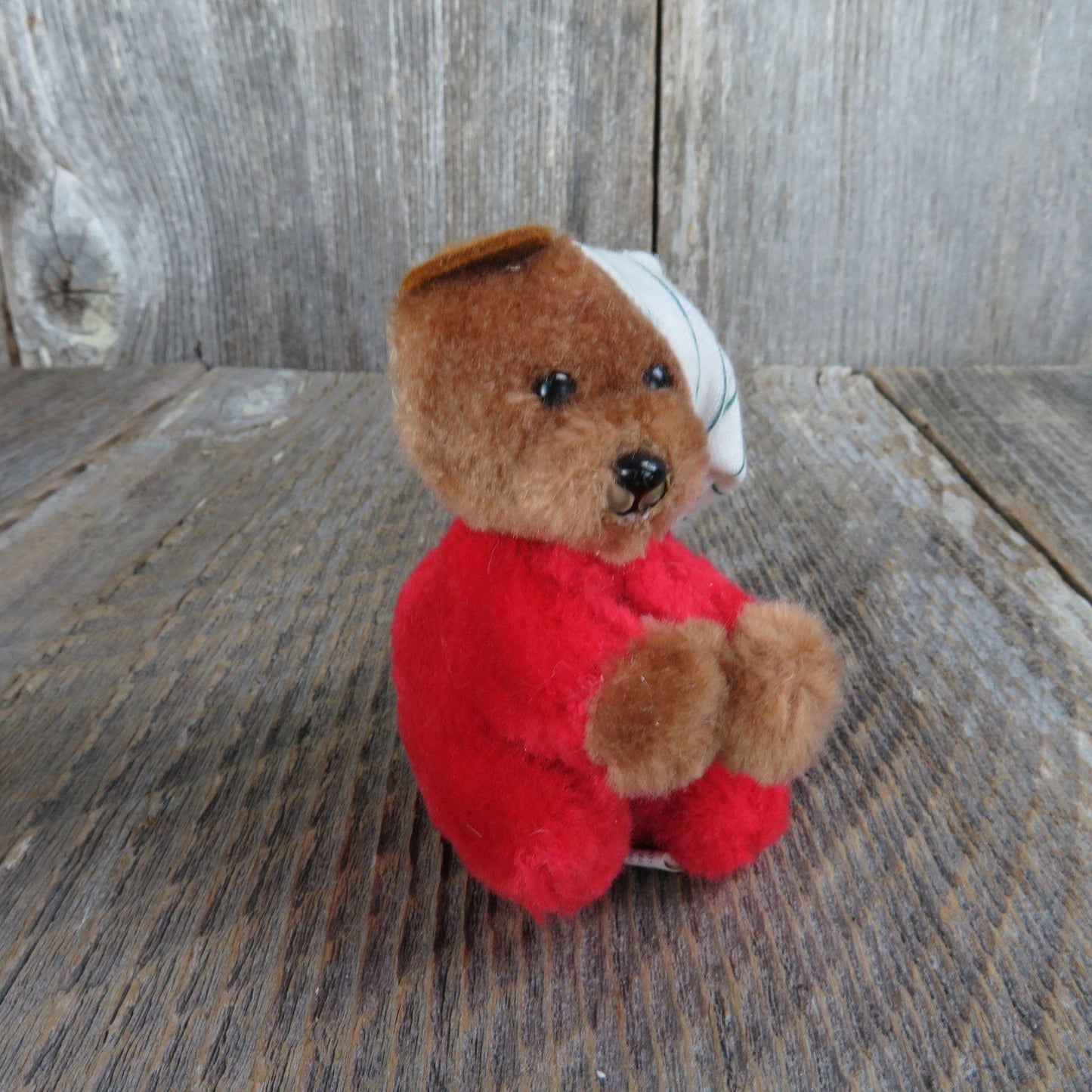 Vintage Teddy Bear Plush Ornament Nightcap Pinch Clip Dakin Red White Pin Korea 1984