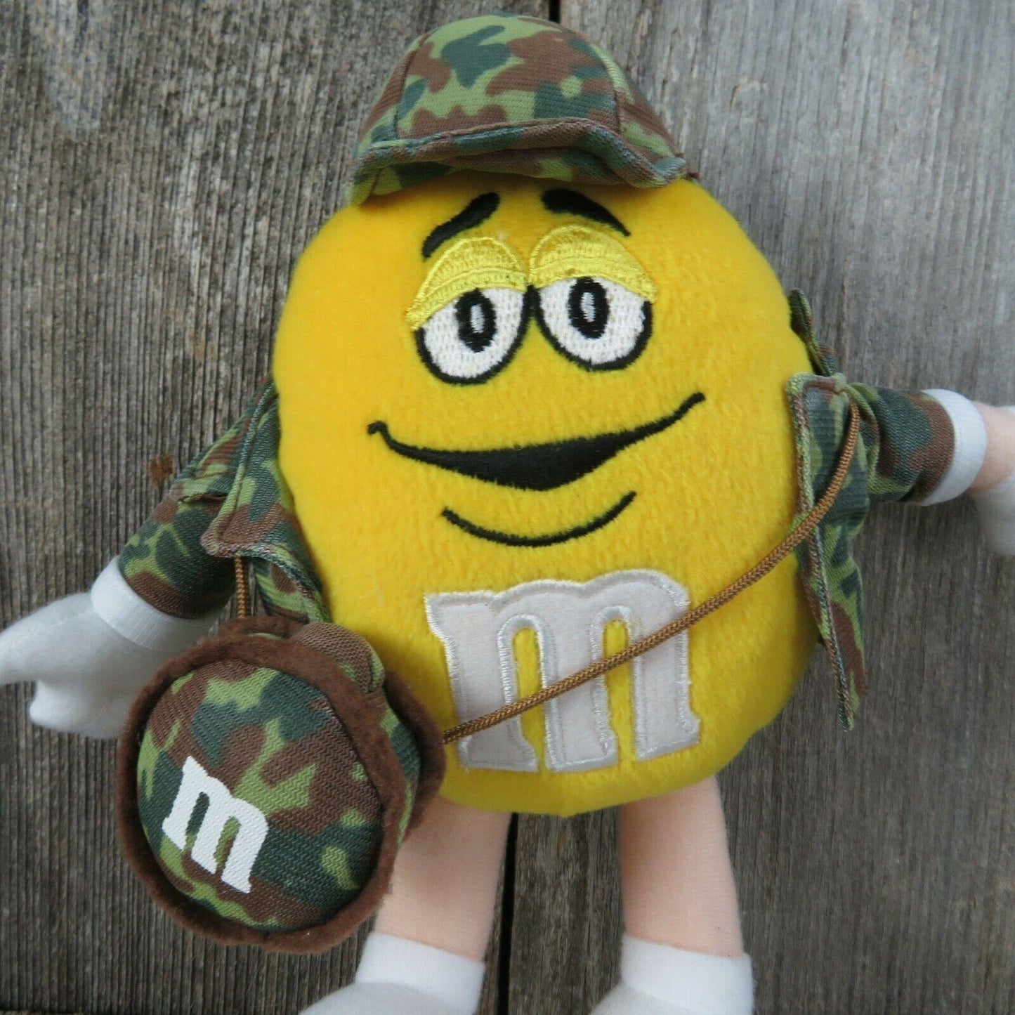 Yellow Peanut M & M Plush Toy Hunter Hiker Camo Canteen Camouflage Doll Stuffed