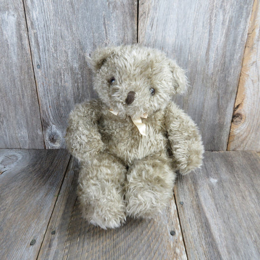 Vintage Teddy Bear Plush Curly Fur Peach Bow Beige Silver Playful Plush Mervyn's Stuffed Animal