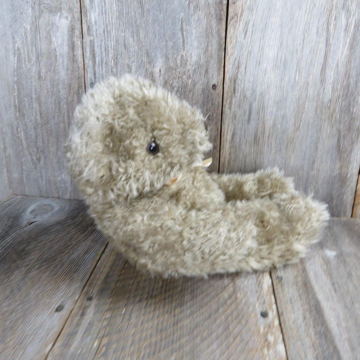 Vintage Teddy Bear Plush Curly Fur Peach Bow Beige Silver Playful Plush Mervyn's Stuffed Animal