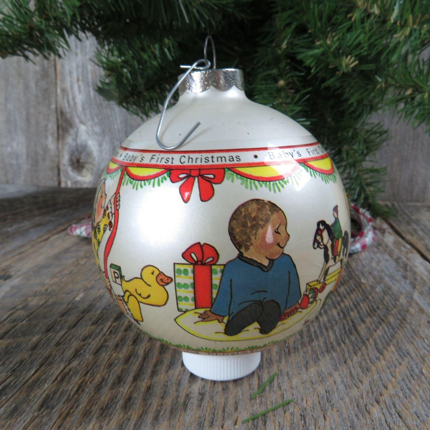 Vintage Baby's First Christmas Wrapped Glass Ball Ornament Lynn Gates Toys 1982