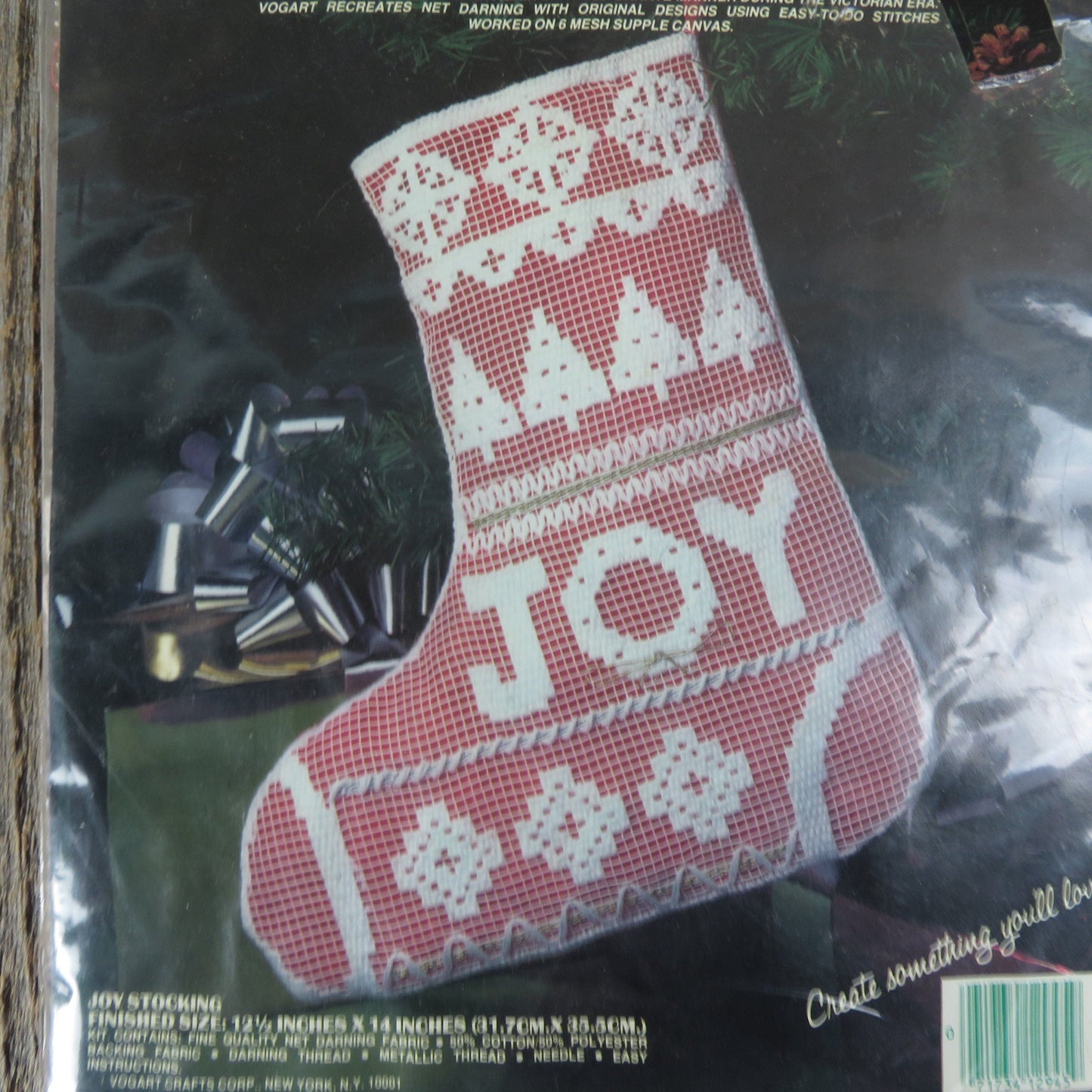 Vintage Christmas Stocking Lace Net Darning Kit Joy Vogart Crafts 2945 Filet Lace Embroidery Craft Kit White Red