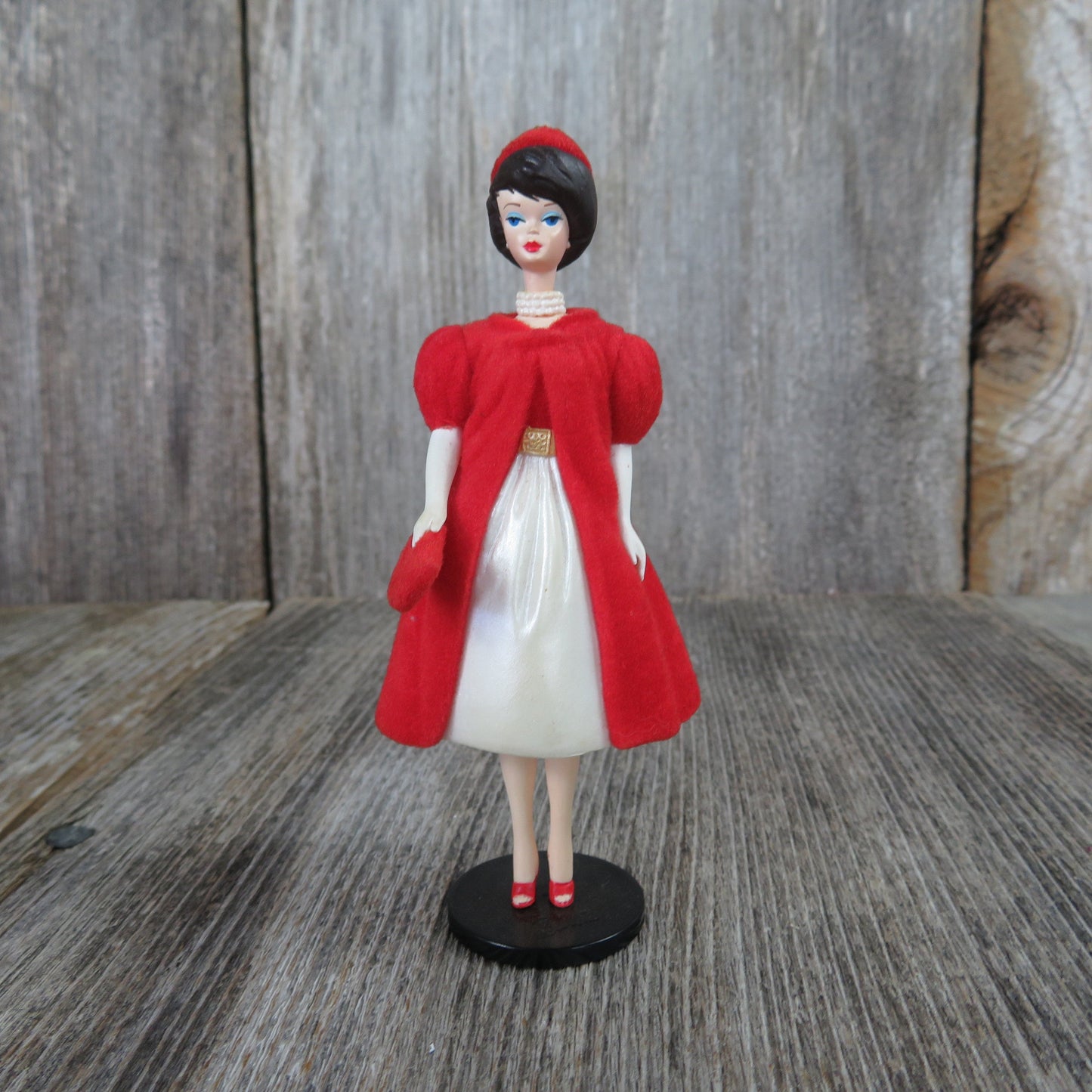 Vintage Barbie Ornament Silken Flame Hallmark Brunette Short Hair Red Coat White Dress 1998
